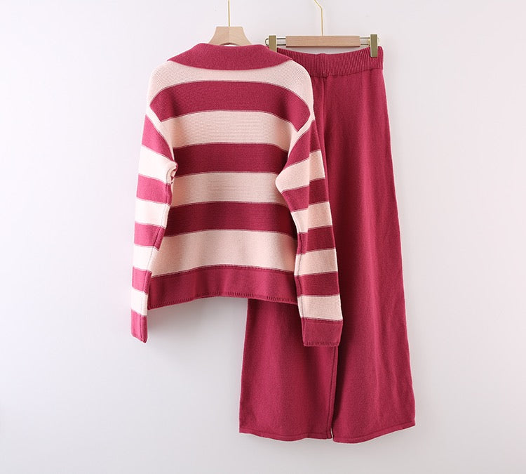 Collar Wide Stripe Jumper and Pants Set